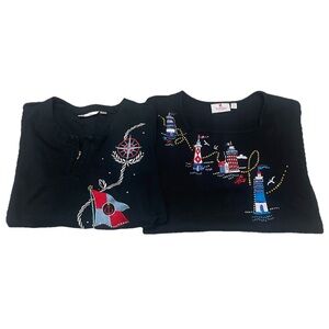 Quaker Factory Black Shirts Embellished Nautical Lighthouse Lot of 2 XL
